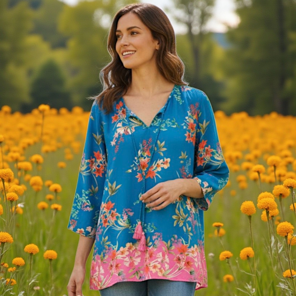 Tolani Floral Tunic Top Sz M Blue Pink Flowy Bohemian Tassel V‎ Neck 3/4 Sleeve